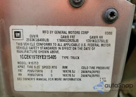 2000 Chevrolet Silverado K1500 from USA, damaged, VIN 1GCEK19T8YE315405